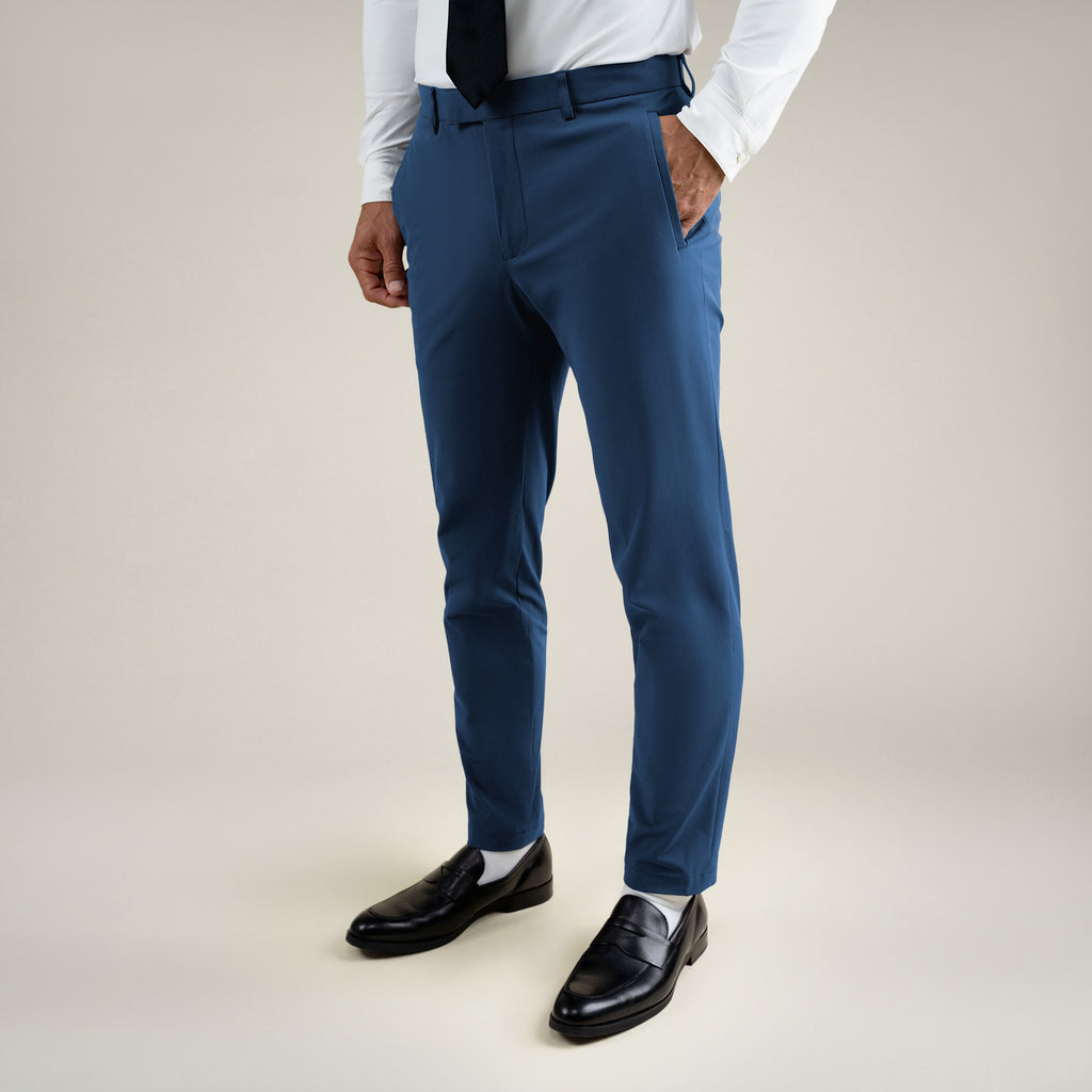 Tags:(6'0"|180 lbs) bespoke custom trousers pant chino performance technical model Tyler in Italian Blue