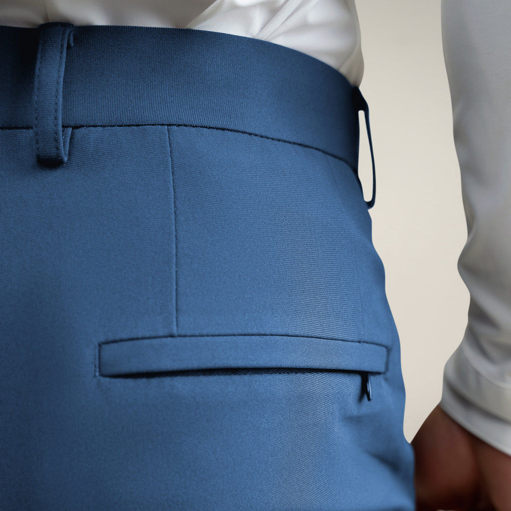 Tags:(6'0"|180 lbs) bespoke custom trousers pant chino performance technical model Tyler in Italian Blue