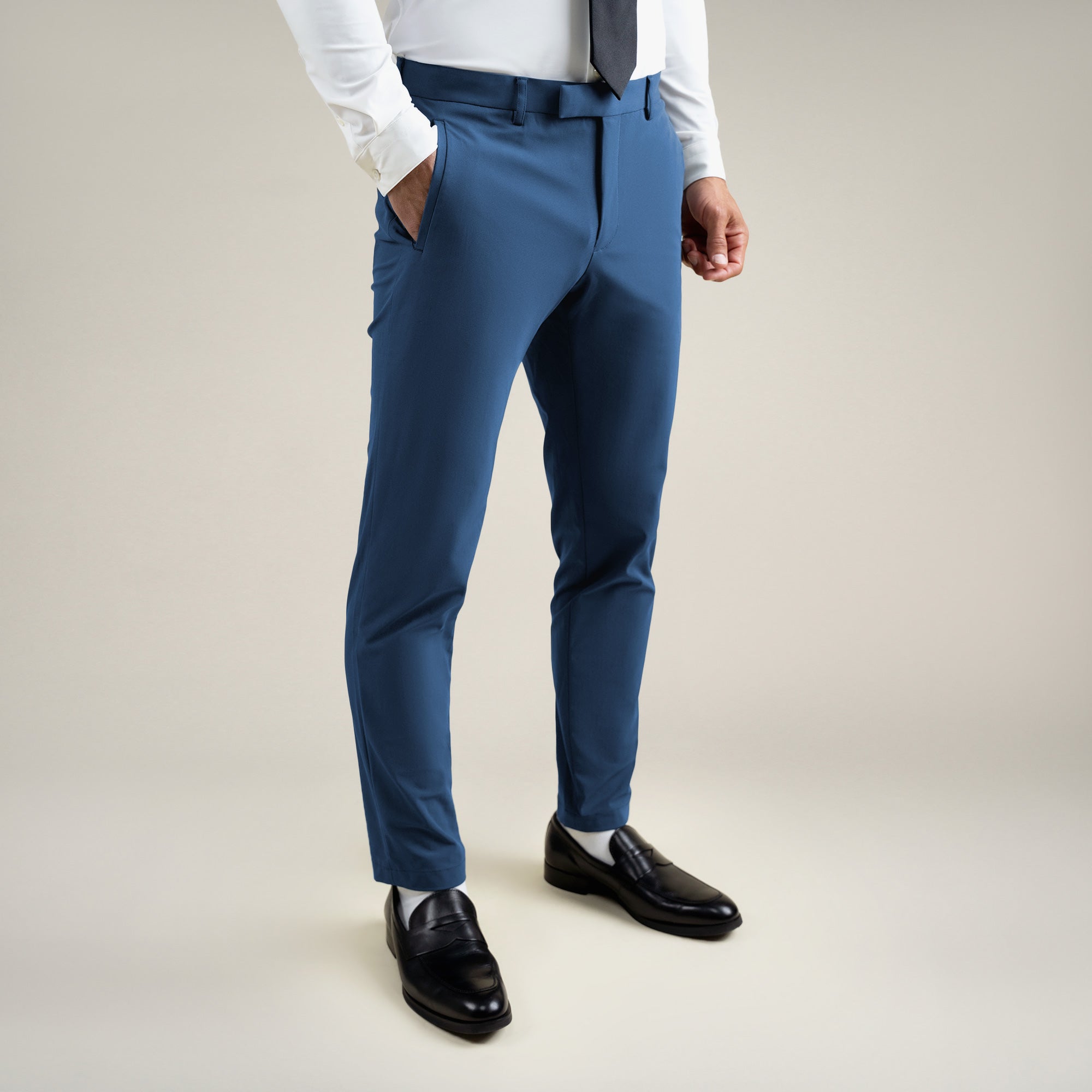 Tags:(6'0"|180 lbs) bespoke custom trousers pant chino performance technical model Tyler in Italian Blue