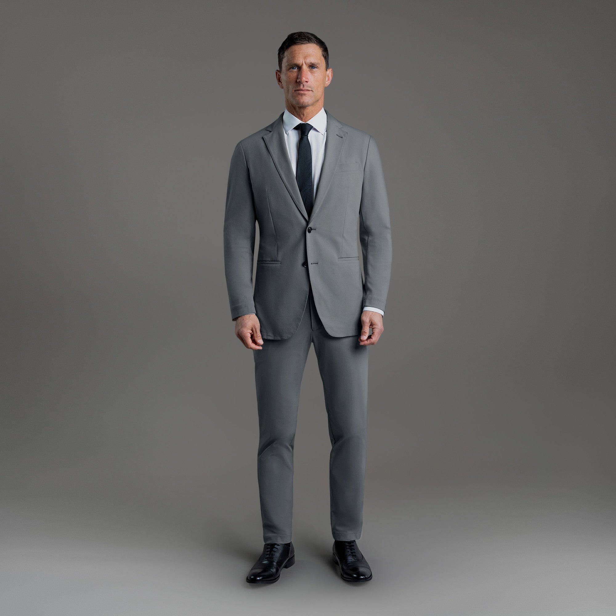 Tags:(6'0"|180 lbs) Bespoke custom athleisure technical men's suit los angeles model Tyler in Slate Gray