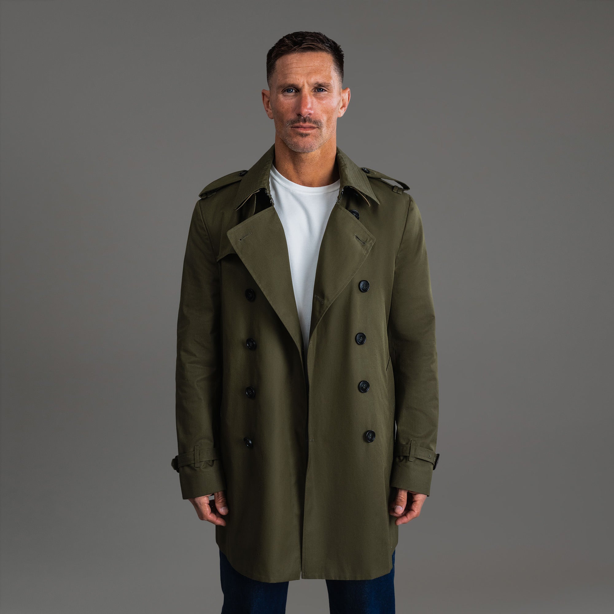 Tags:(6'0"|180 lbs) Bespoke custom Trench Coat los angeles model Tyler in Field Green