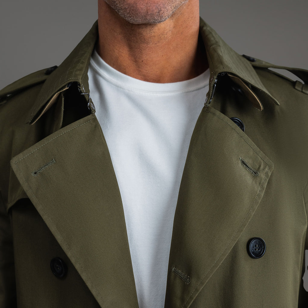 Tags:(6'0"|180 lbs) Bespoke custom Trench Coat los angeles model Tyler in Field Green