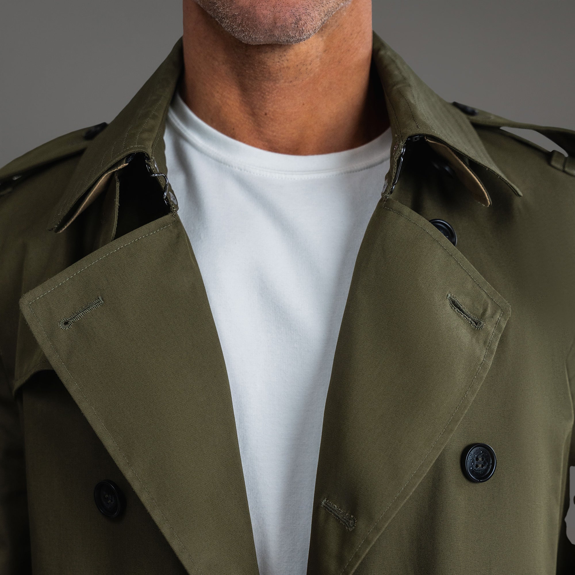 Tags:(6'0"|180 lbs) Bespoke custom Trench Coat los angeles model Tyler in Field Green
