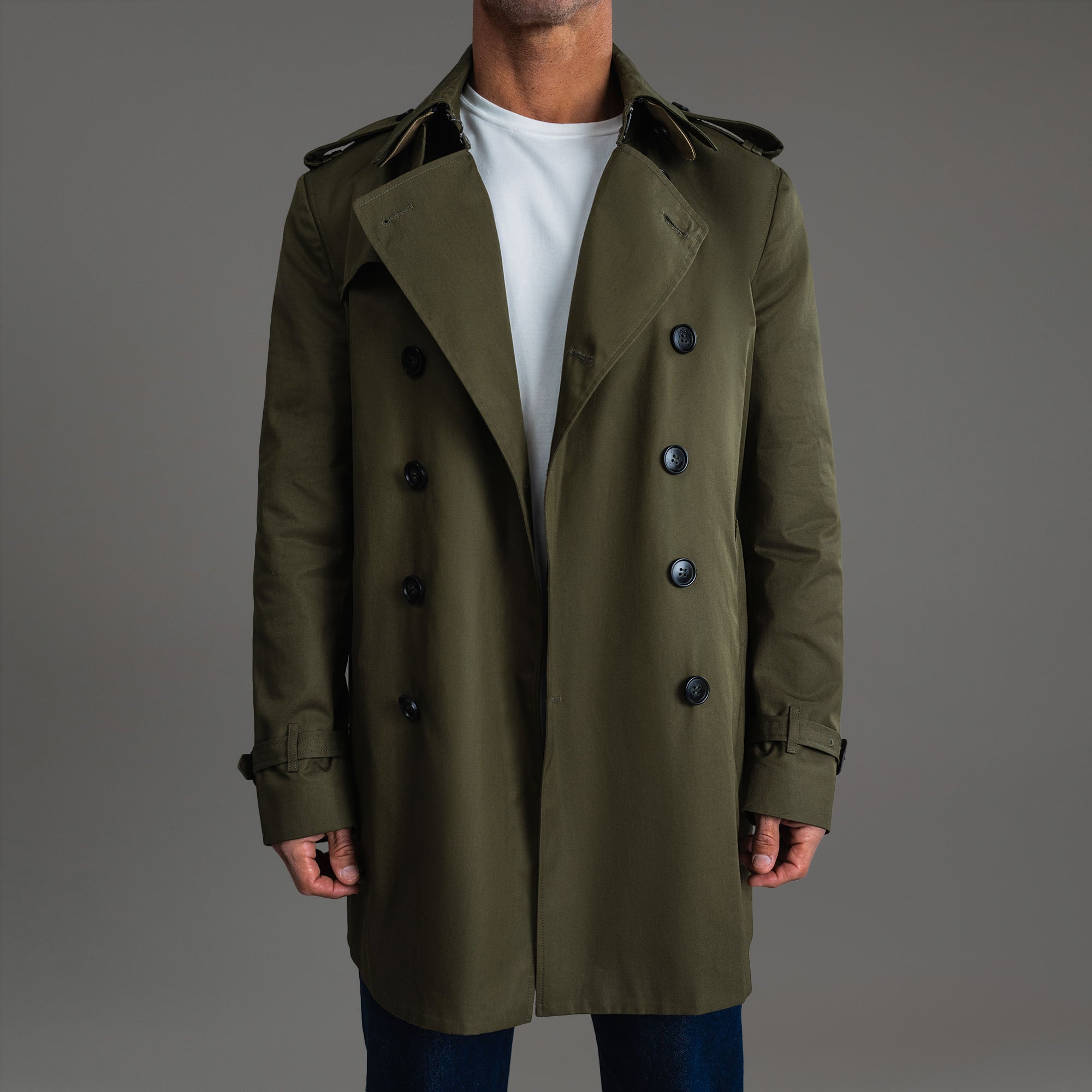 Tags:(6'0"|180 lbs) Bespoke custom Trench Coat los angeles model Tyler in Field Green