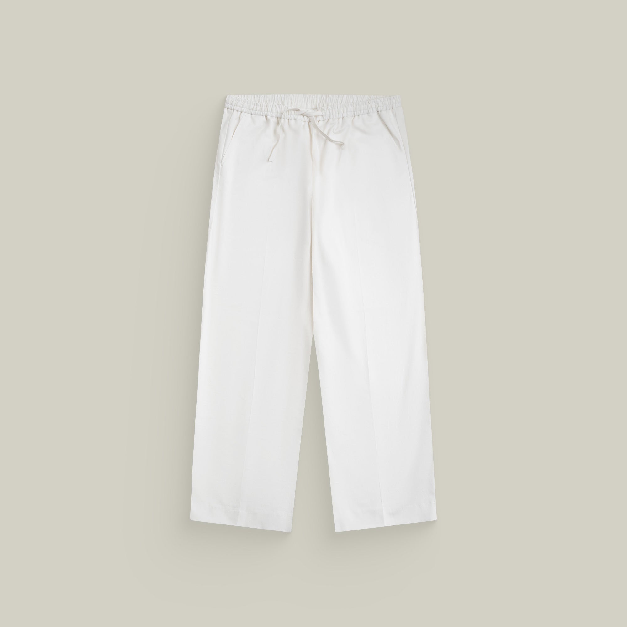 Stretch Cotton Drawstring Wide Leg Pant model Tyler in White