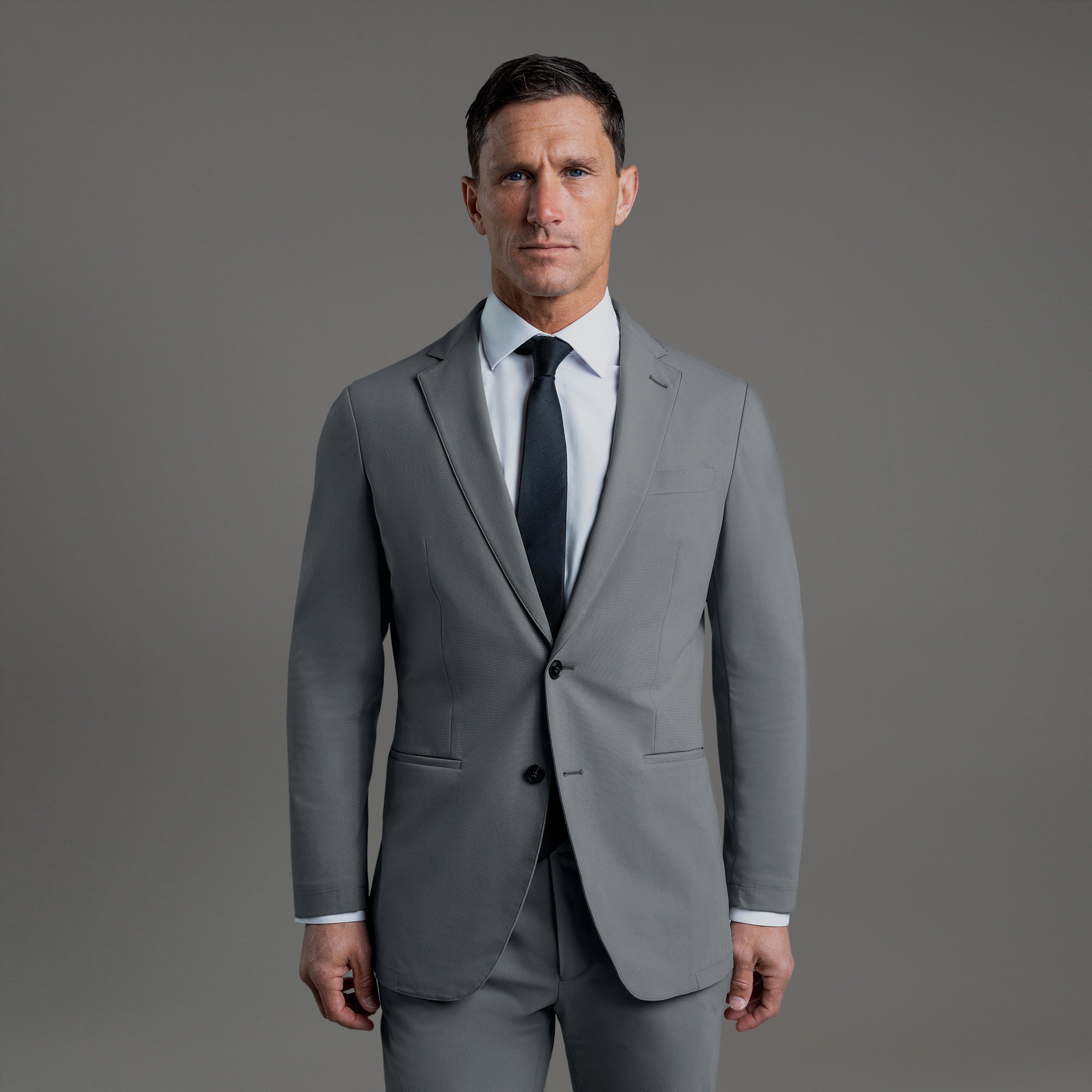 Tags:(6'0"|180 lbs) Bespoke custom athleisure technical men's suit los angeles model Tyler in Slate Gray