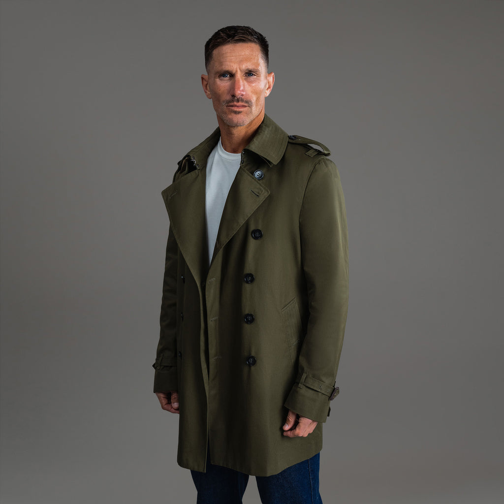 Tags:(6'0"|180 lbs) Bespoke custom Trench Coat los angeles model Tyler in Field Green