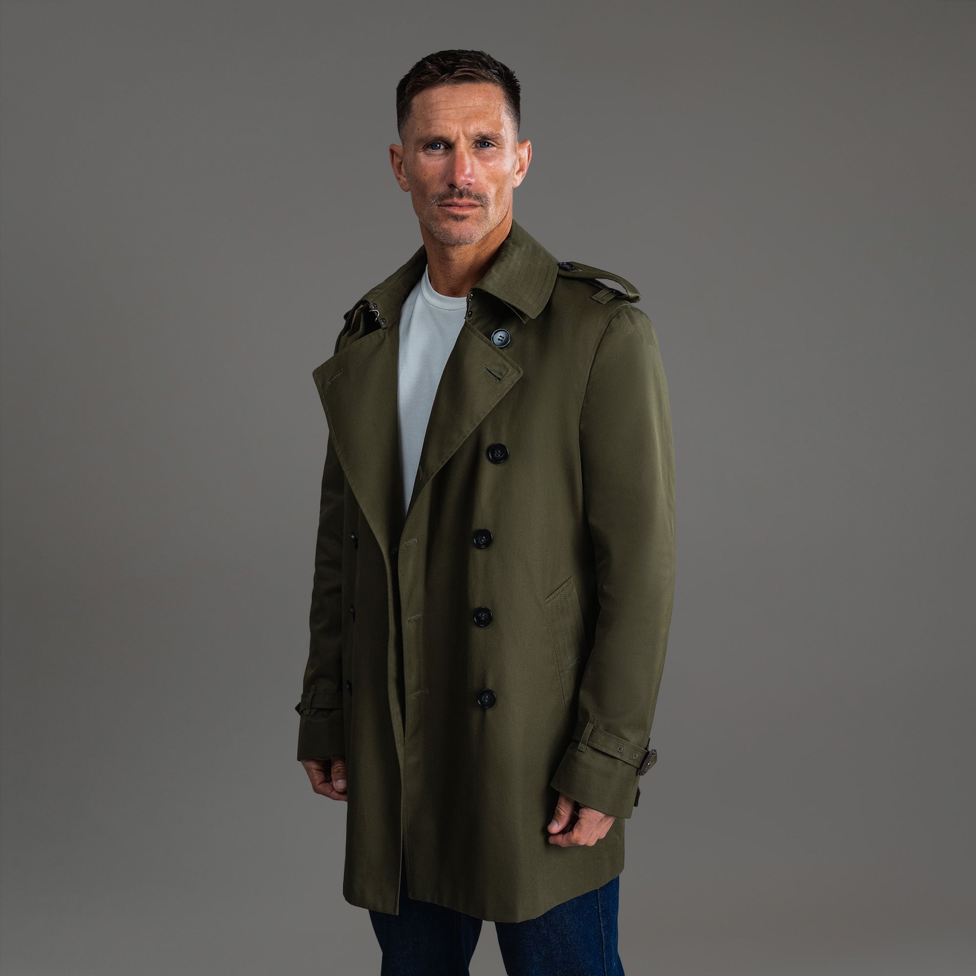 Tags:(6'0"|180 lbs) Bespoke custom Trench Coat los angeles model Tyler in Field Green