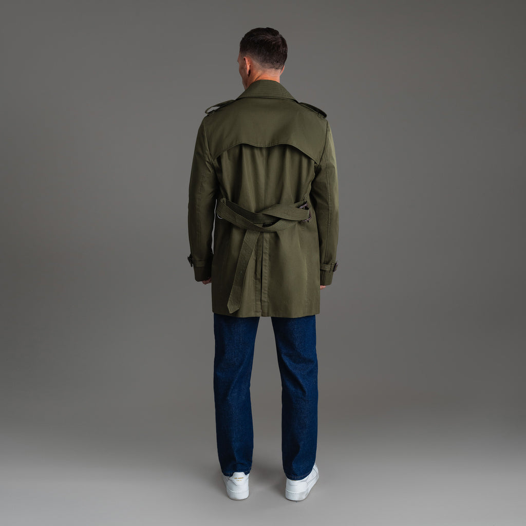 Tags:(6'0"|180 lbs) Bespoke custom Trench Coat los angeles model Tyler in Field Green