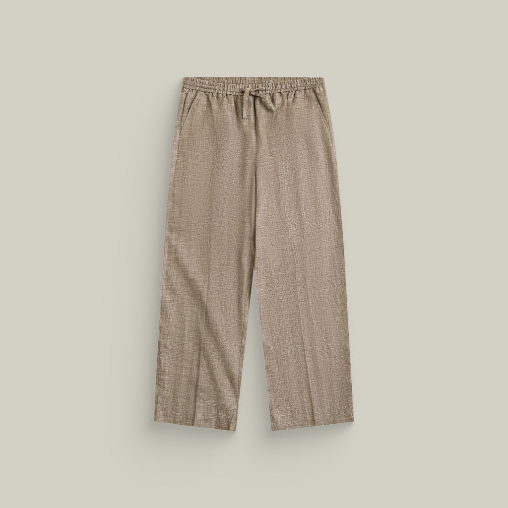Drawstring Wide Leg Pant model tyler in Dark Brown
