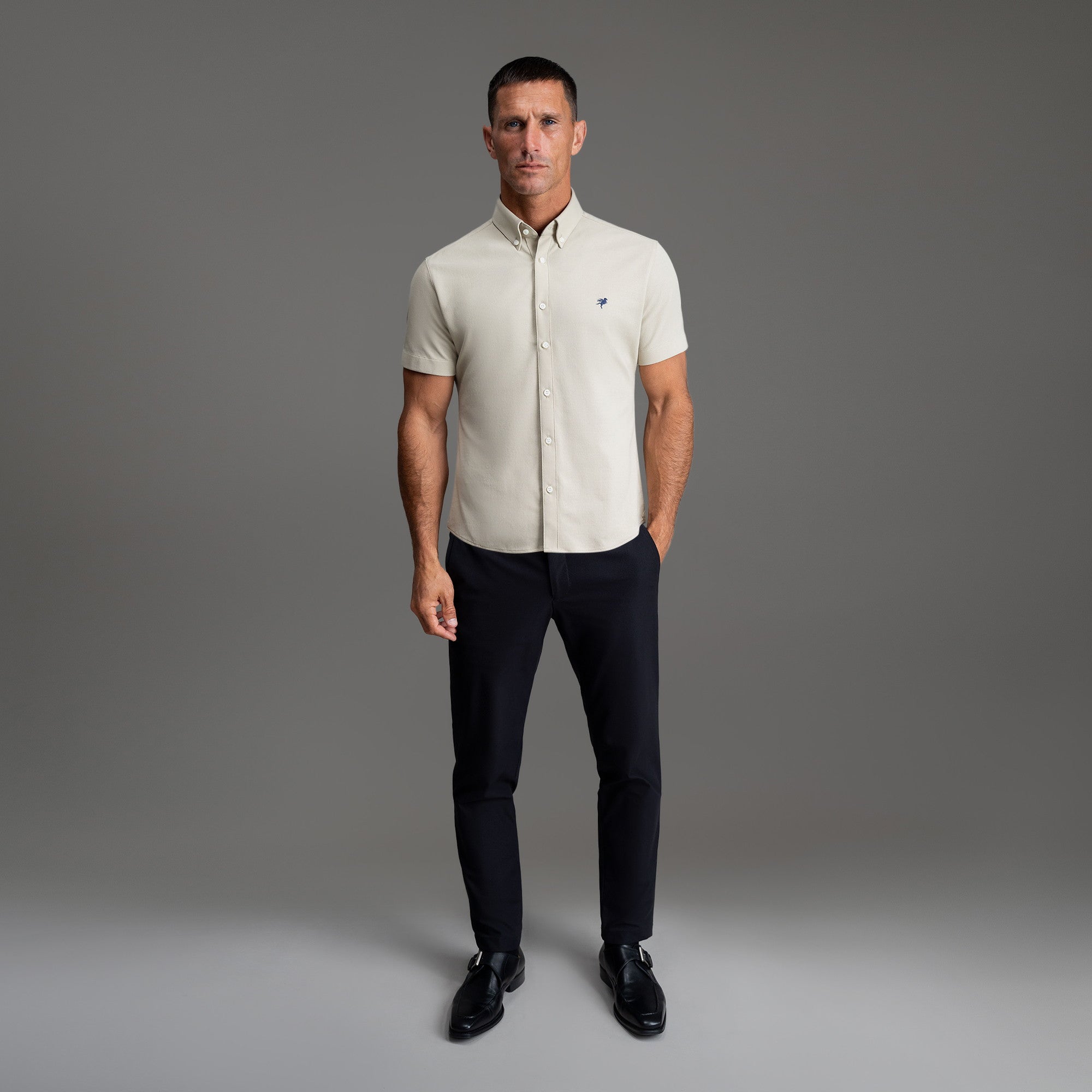 Custom Bespoke Tailored Spread Shirt model Tyler in Khaki Emblem