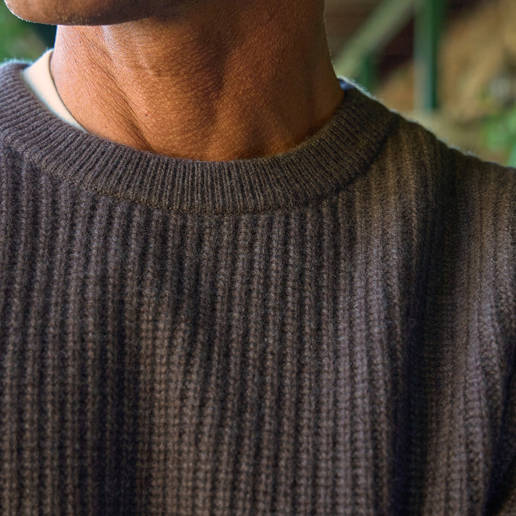 Knit Crewneck Sweater model Tyler in Fieldstone