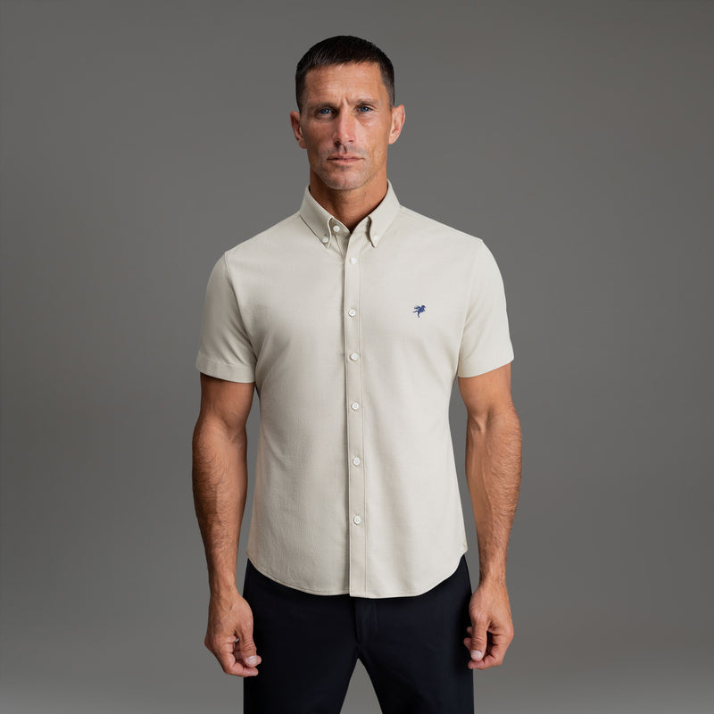 Custom Bespoke Tailored Spread Shirt model Tyler in Khaki Emblem