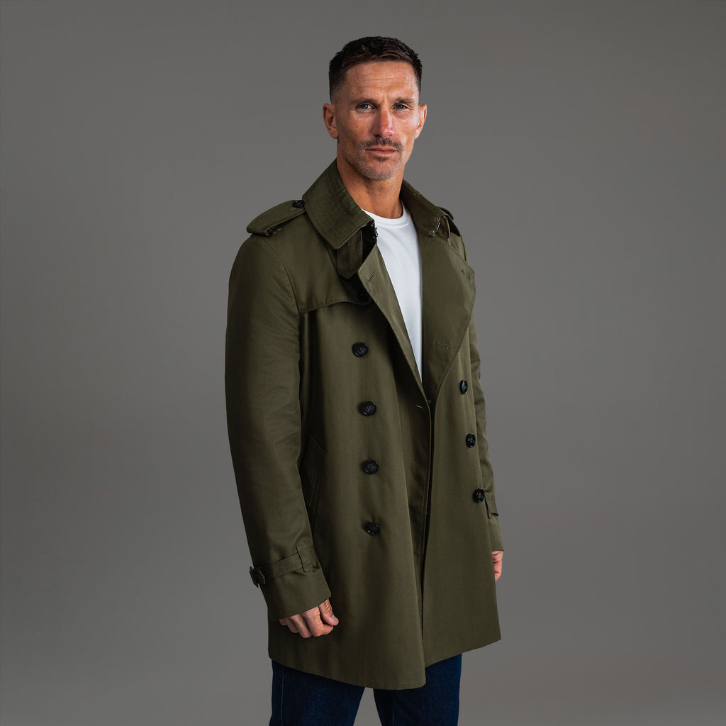 Tags:(6'0"|180 lbs) Bespoke custom Trench Coat los angeles model Tyler in Field Green