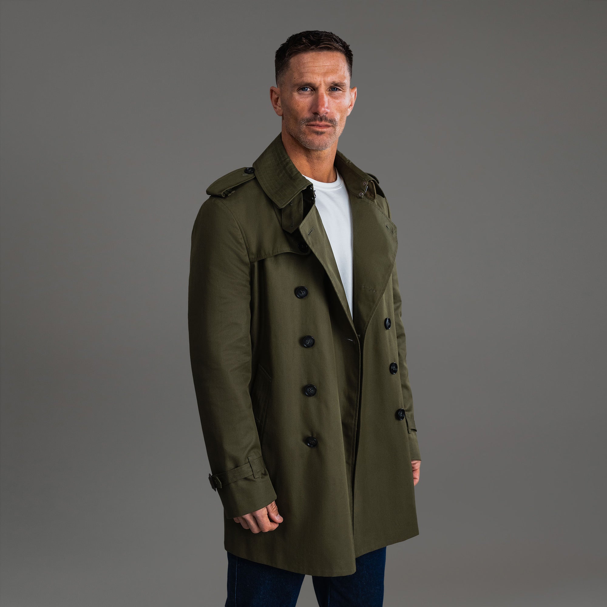 Tags:(6'0"|180 lbs) Bespoke custom Trench Coat los angeles model Tyler in Field Green