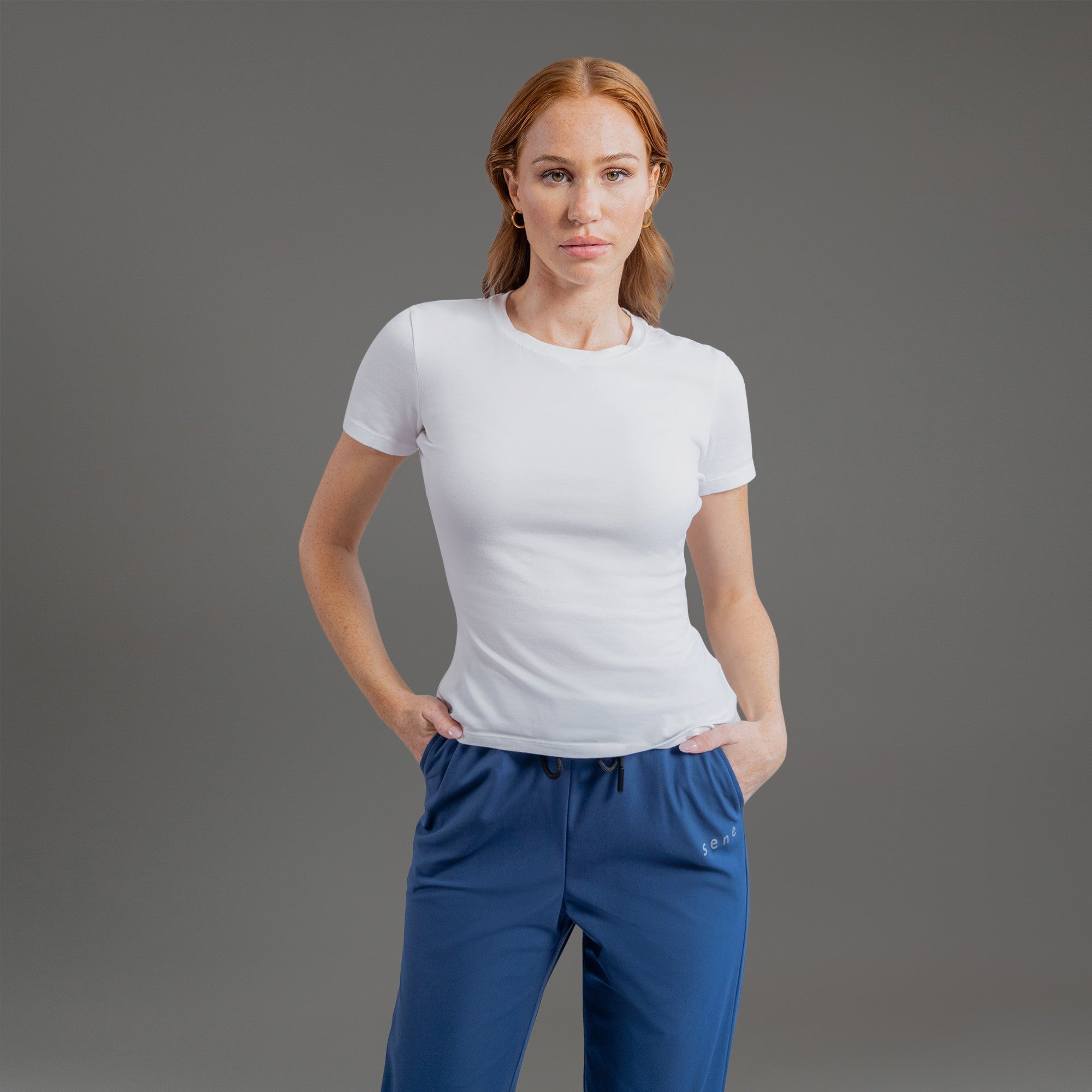 custom women's sizeless t-shirt model Kelsey in White