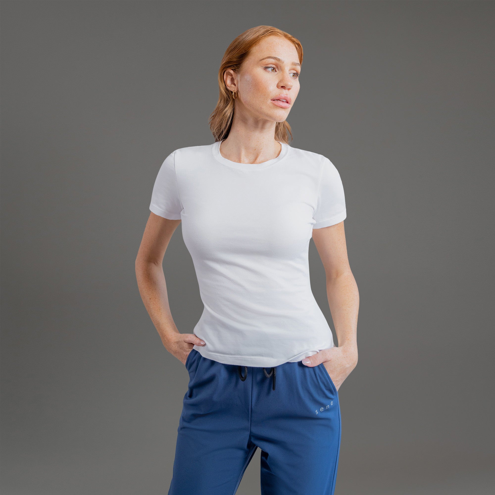 custom women's sizeless t-shirt model Kelsey in White