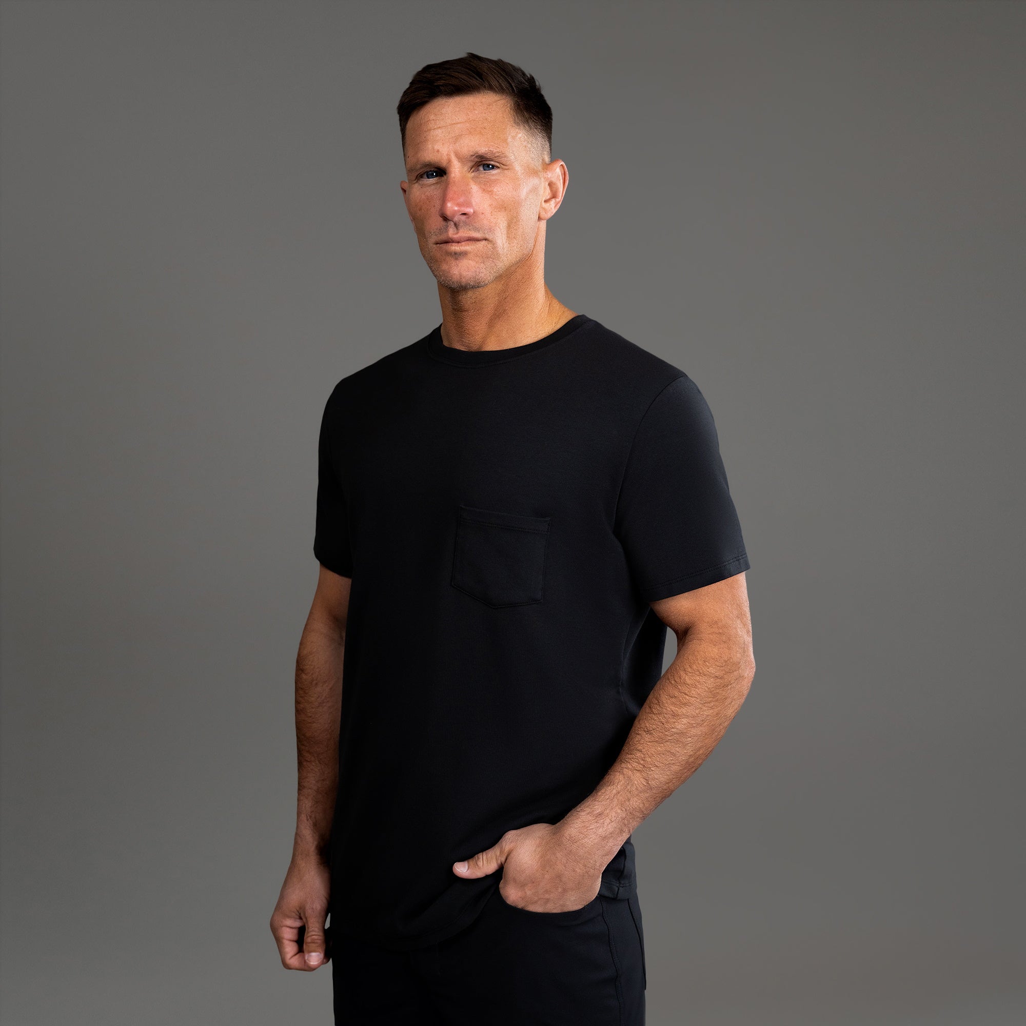 Tags:(6'0" - 180 lbs|Medium) custom t-shirt tee model Tyler in Black