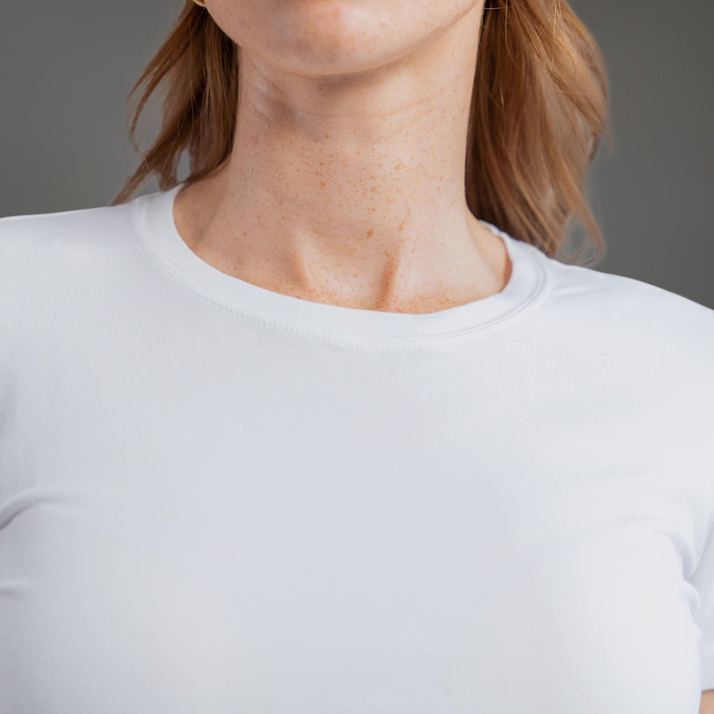 custom women's sizeless t-shirt model Kelsey in White