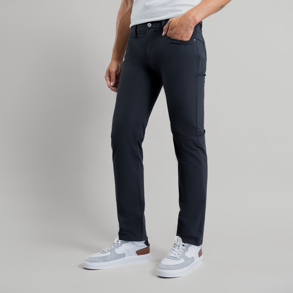 custom tech performance stretch pants model Tim in Charcoal