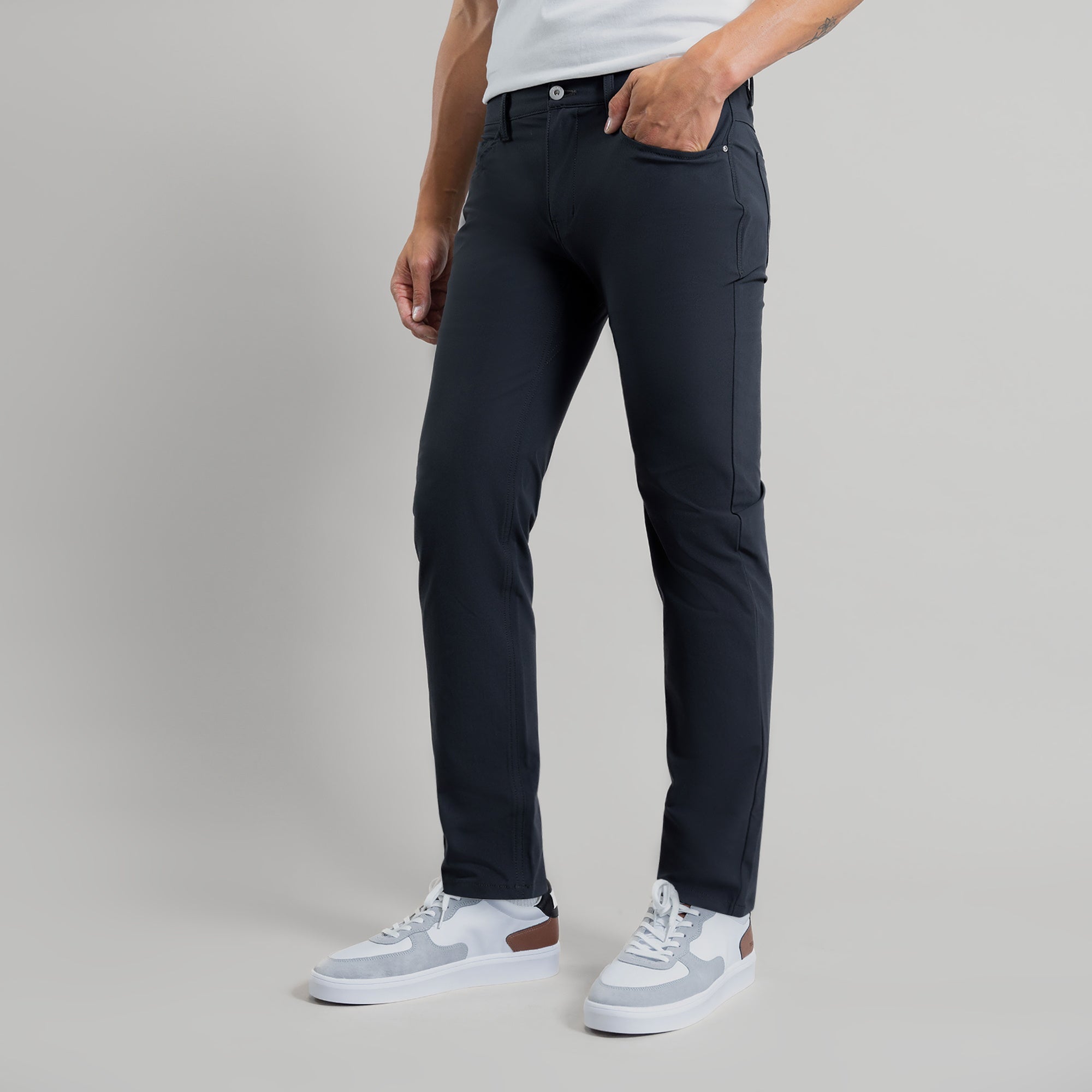 custom tech performance stretch pants model Tim in Charcoal