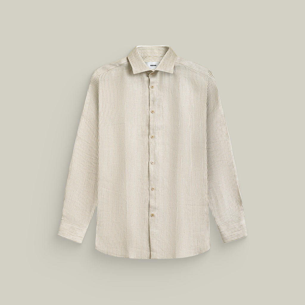 Cotton Linen Spread Shirt model Tyler in Brown Stripe