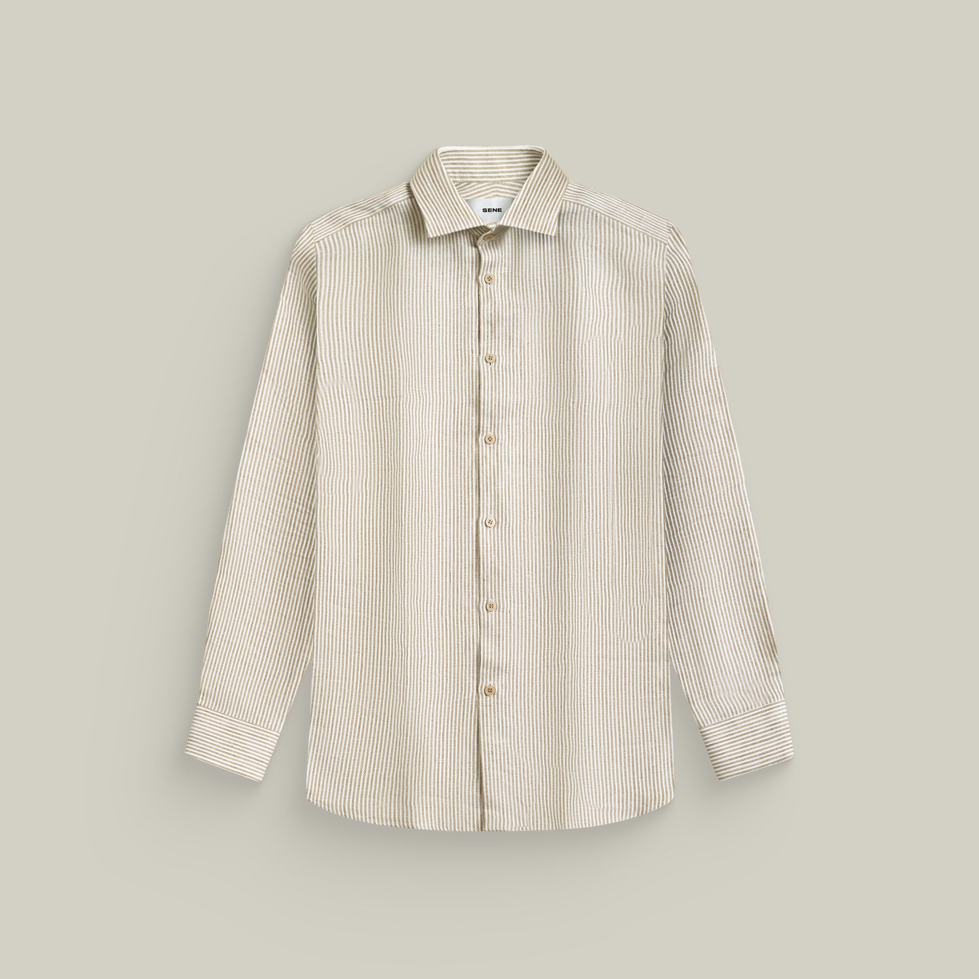 Cotton Linen Spread Shirt model Tyler in Brown Stripe