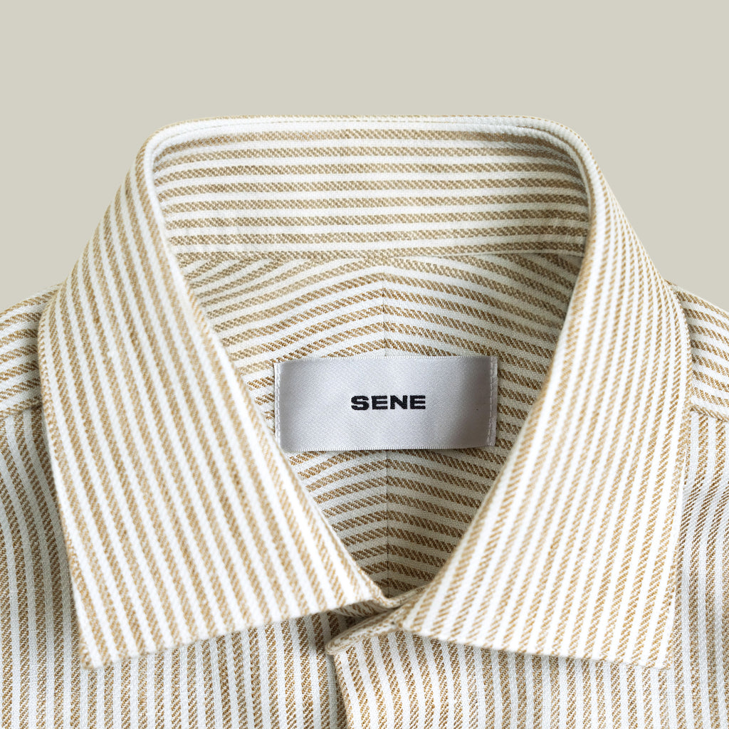 Cotton Linen Spread Shirt model Tyler in Brown Stripe