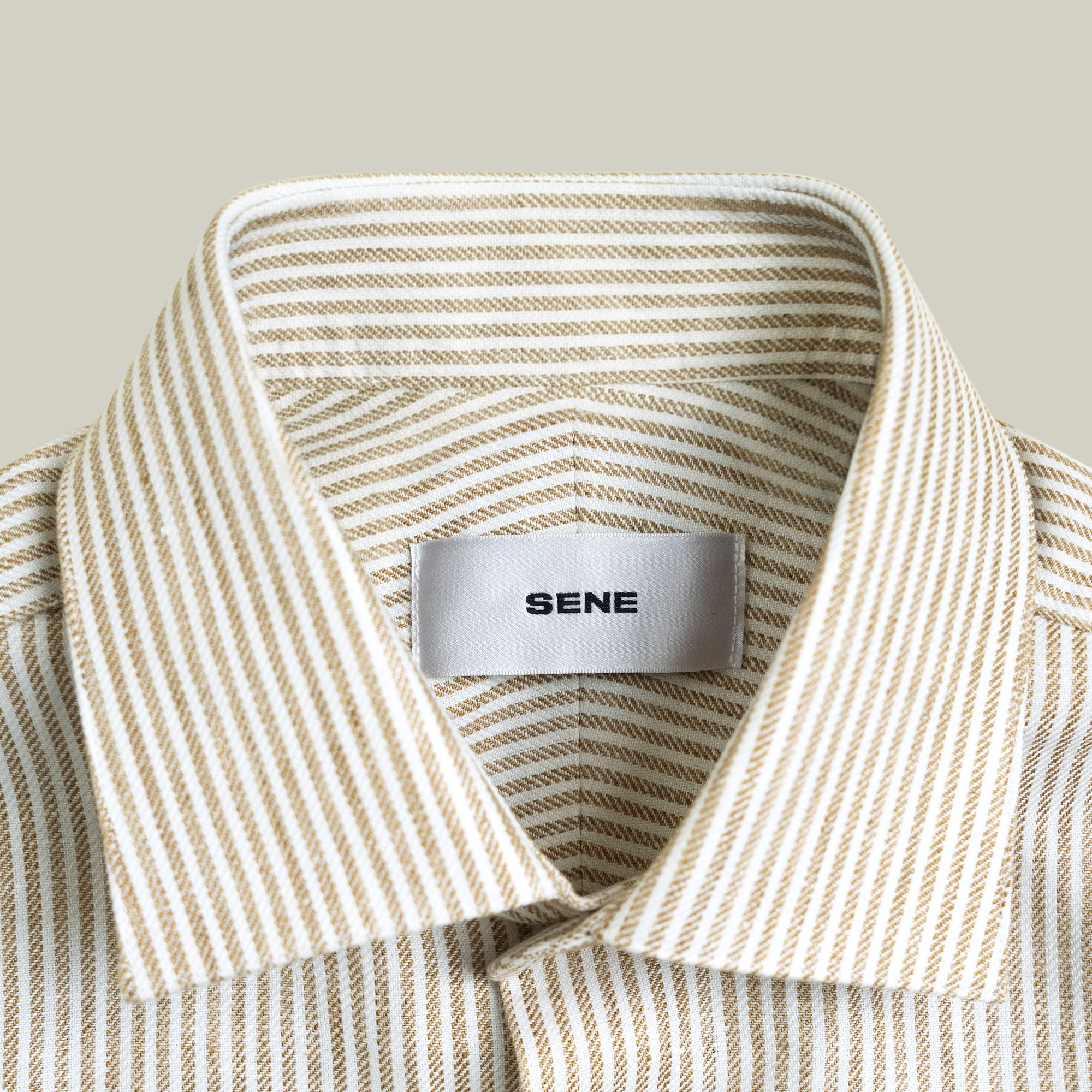Cotton Linen Spread Shirt model Tyler in Brown Stripe