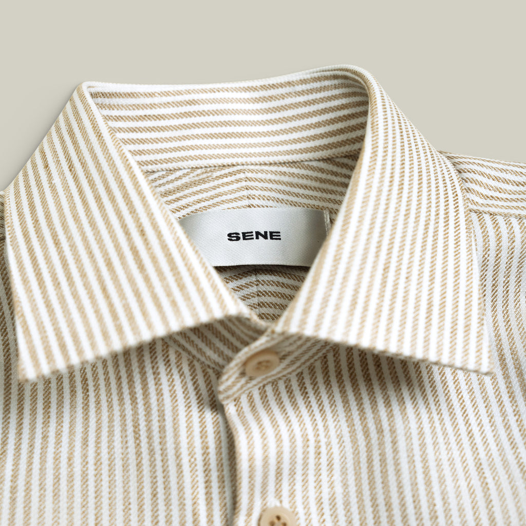 Cotton Linen Spread Shirt model Tyler in Brown Stripe