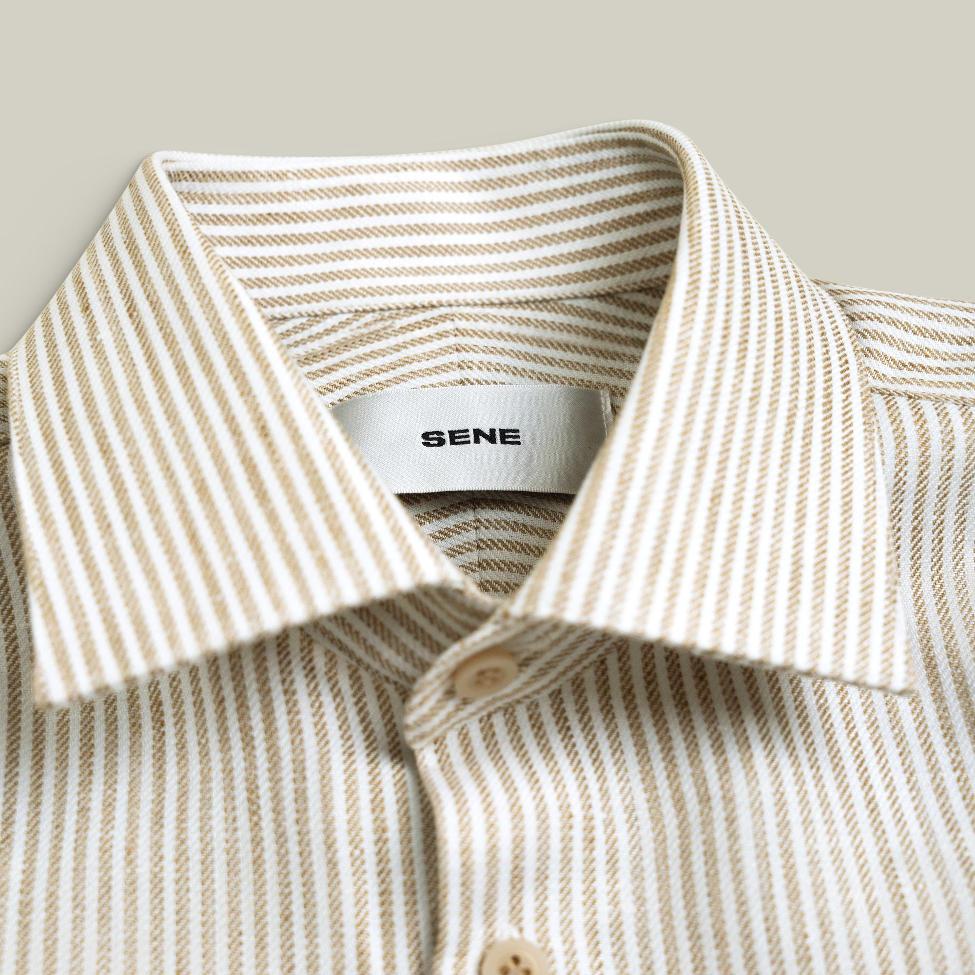 Cotton Linen Spread Shirt model Tyler in Brown Stripe