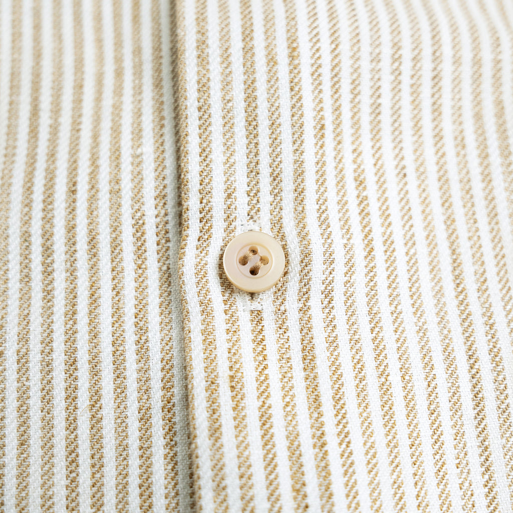 Cotton Linen Spread Shirt model Tyler in Brown Stripe