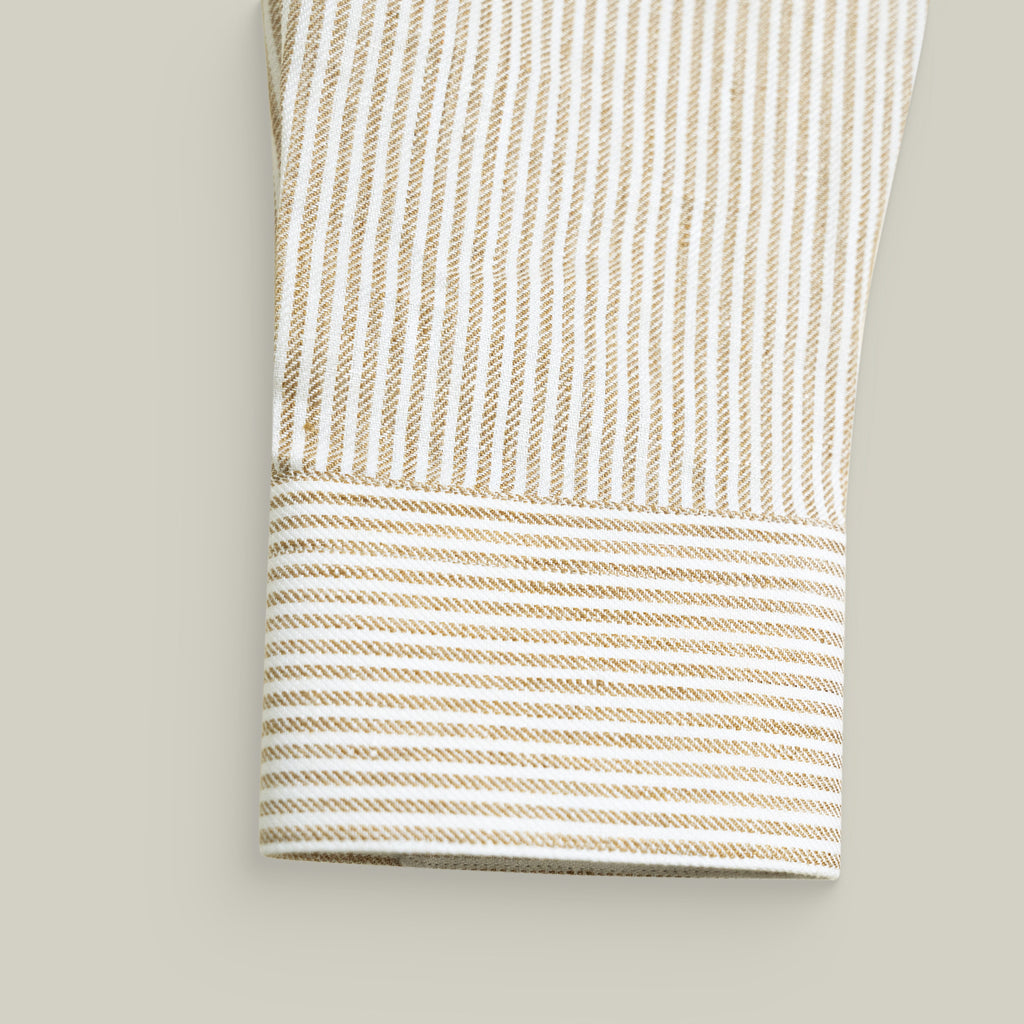 Cotton Linen Spread Shirt model Tyler in Brown Stripe
