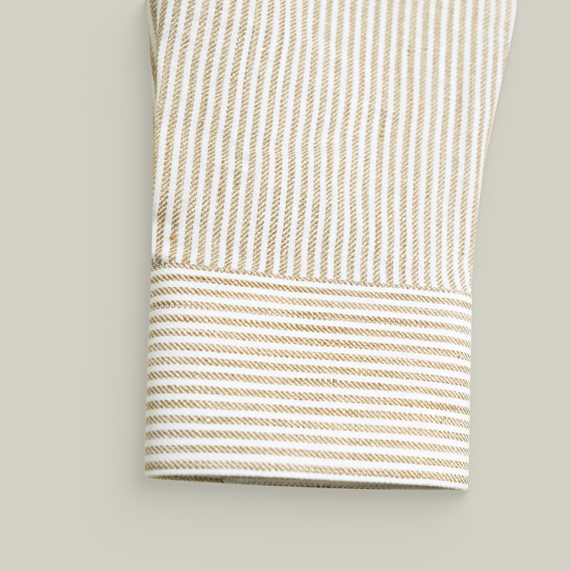 Cotton Linen Spread Shirt model Tyler in Brown Stripe