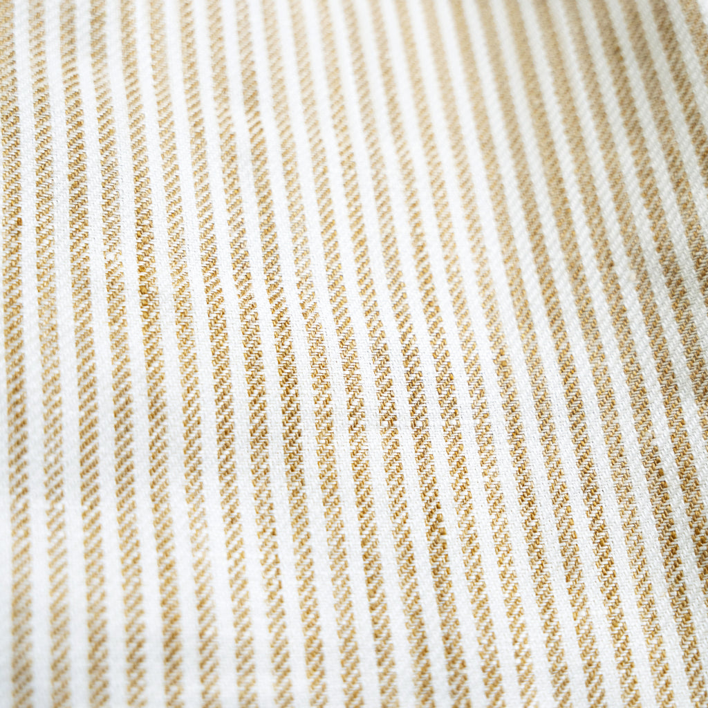 Cotton Linen Spread Shirt model Tyler in Brown Stripe