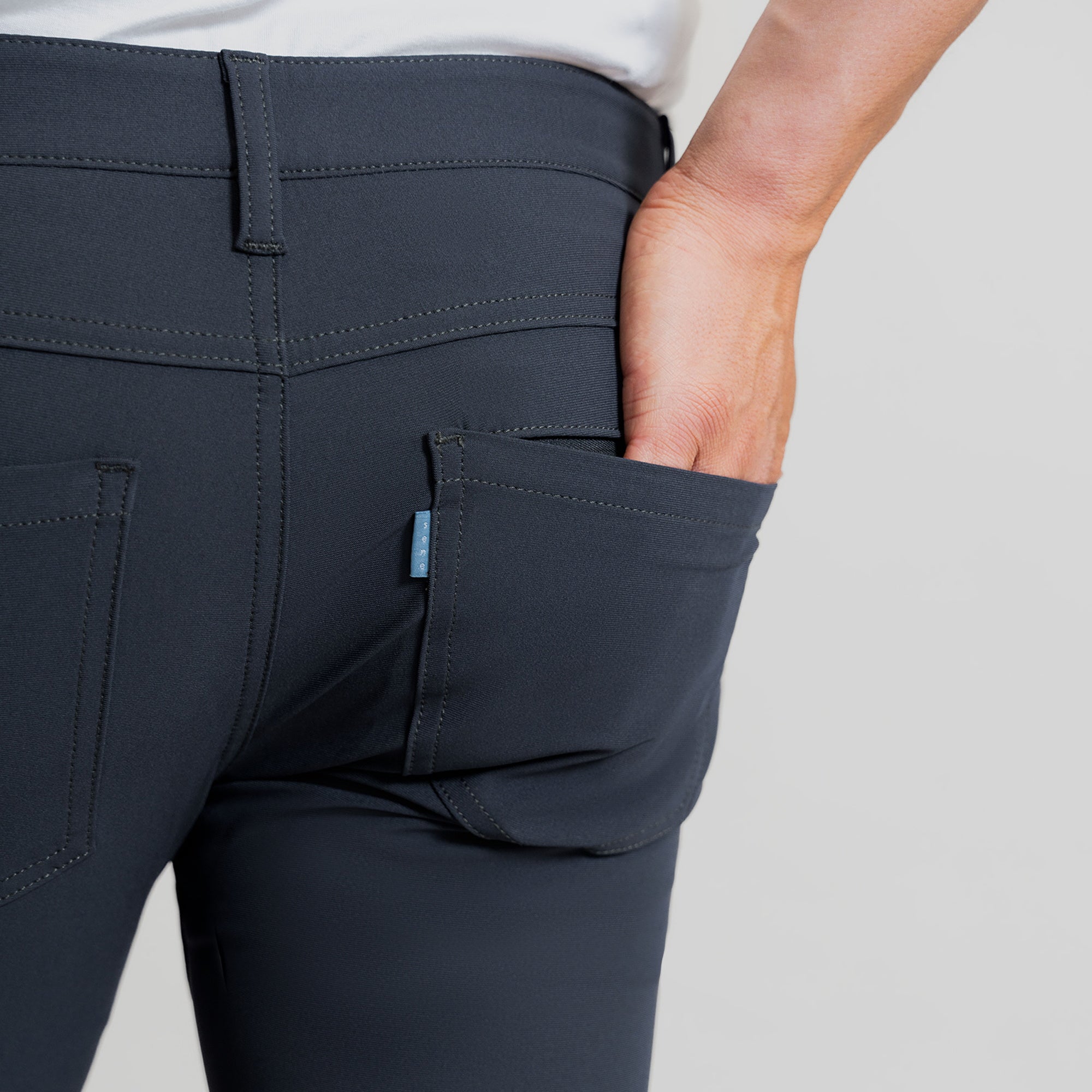 custom tech performance stretch pants model Tim in Charcoal