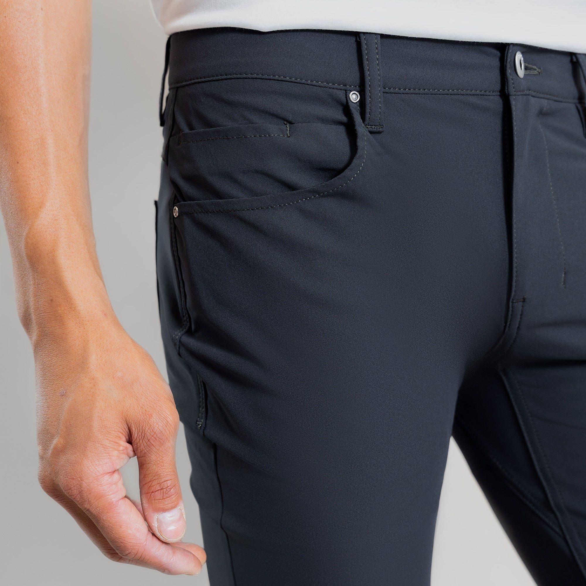 custom tech performance stretch pants model Tim in Charcoal
