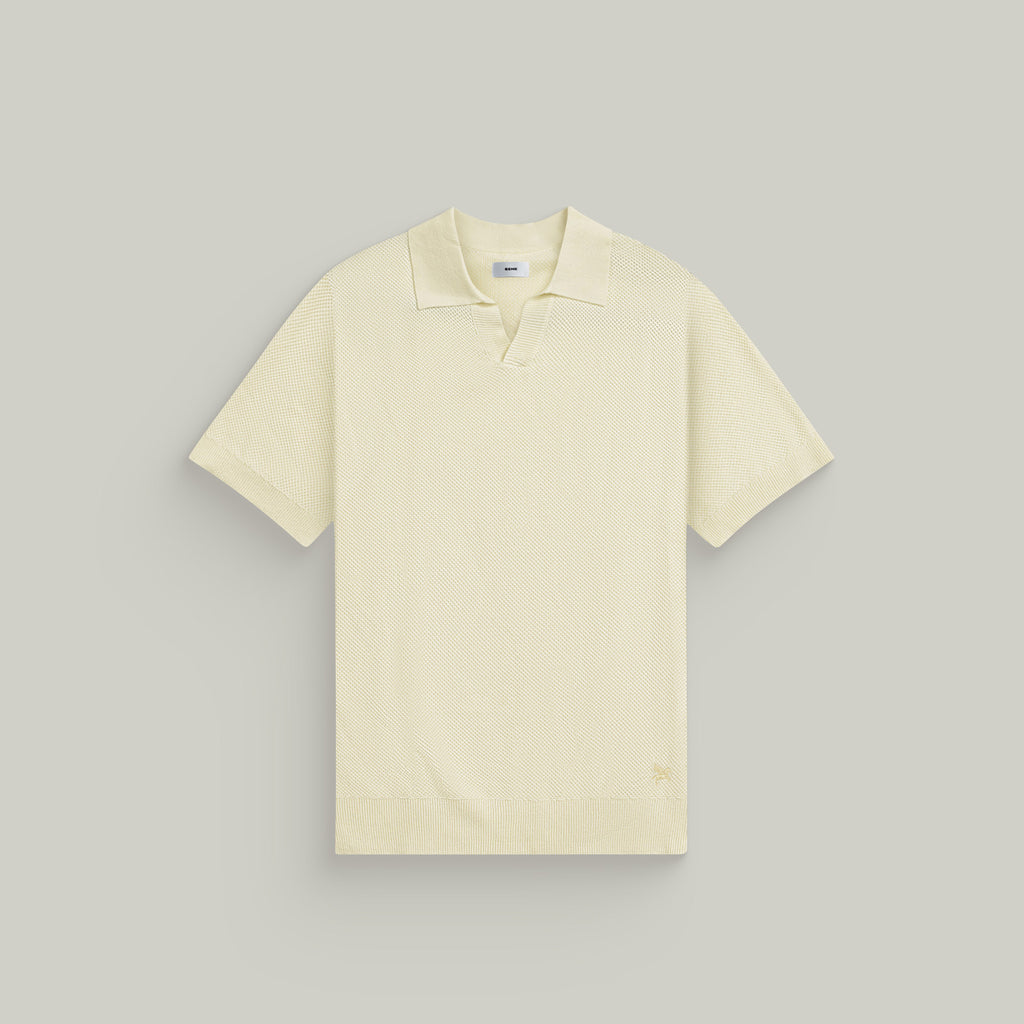 Buttonless Knit Polo model Tyler in Vanilla