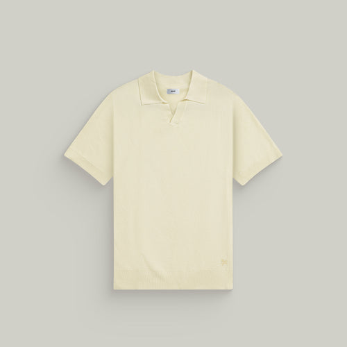 Buttonless Knit Polo model Tyler in Vanilla