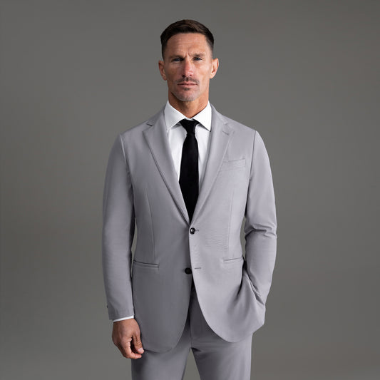 Tags:(6'0"|180 lbs) Bespoke custom athleisure technical men's suit los angeles model Tyler in Haze