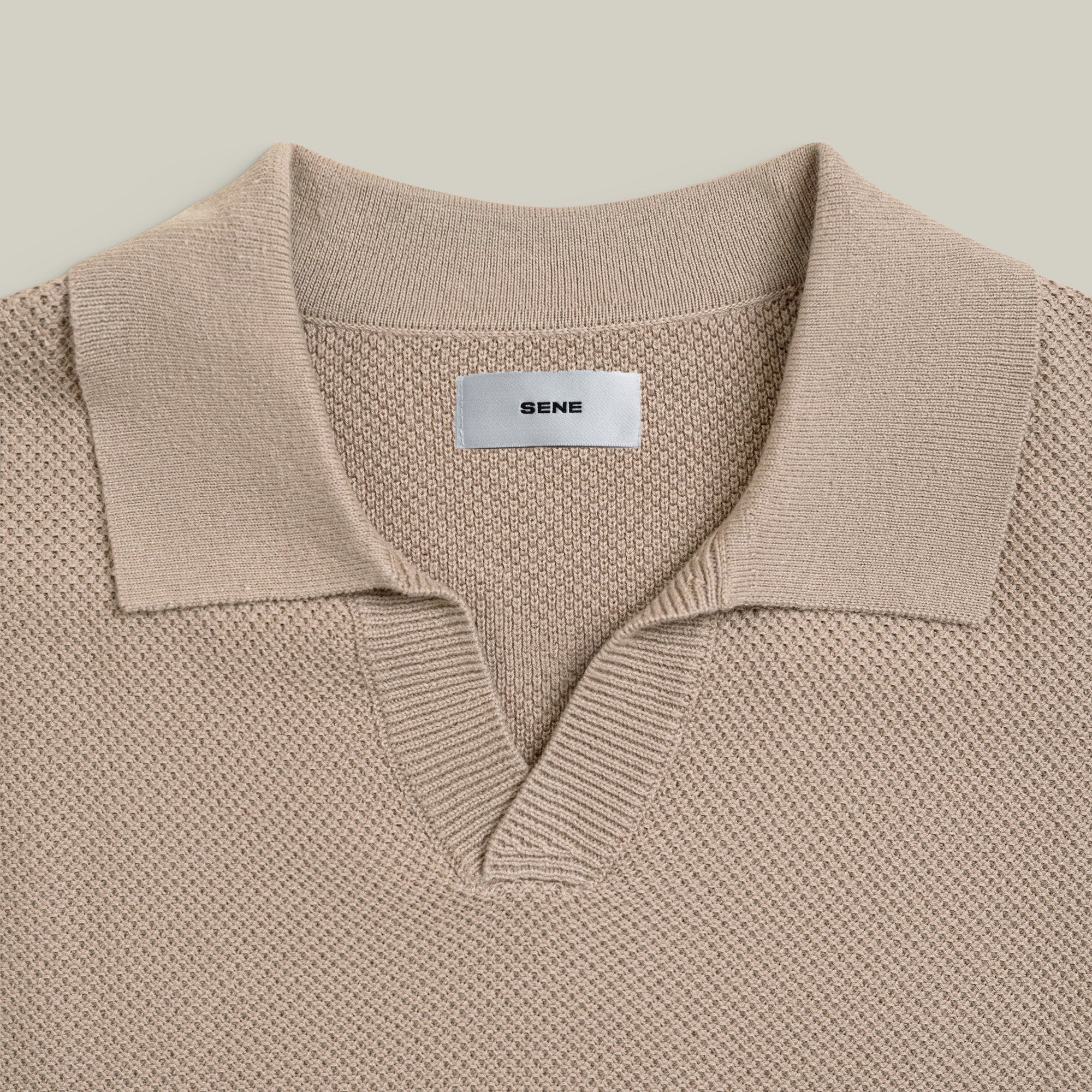 Buttonless Knit Polo model Tyler in Toffee