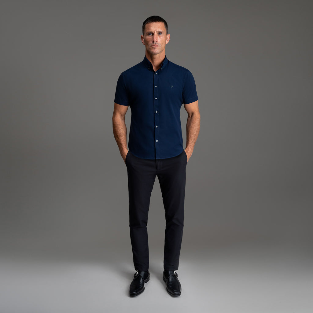 Custom Bespoke Tailored Spread Shirt model Tyler in Navy Emblem