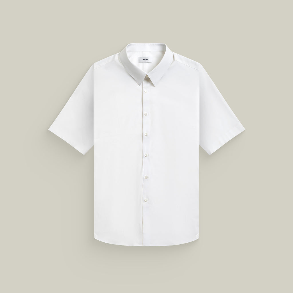 Bamboo Short Sleeve Button-Up Shirt model Tyler in Sea Salt