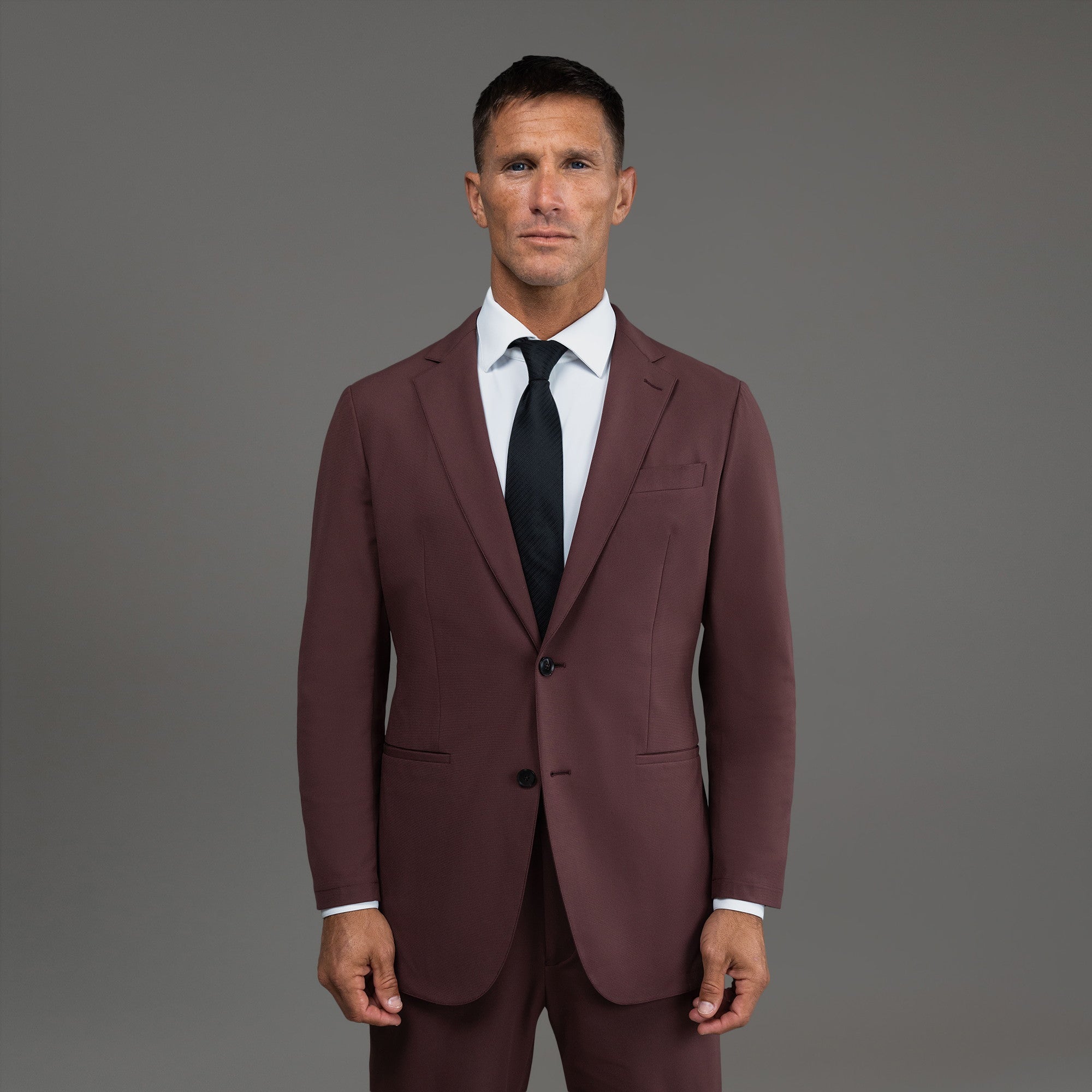 Tags:(6'0"|180 lbs) Bespoke custom athleisure technical men's suit los angeles model Tyler in Maroon