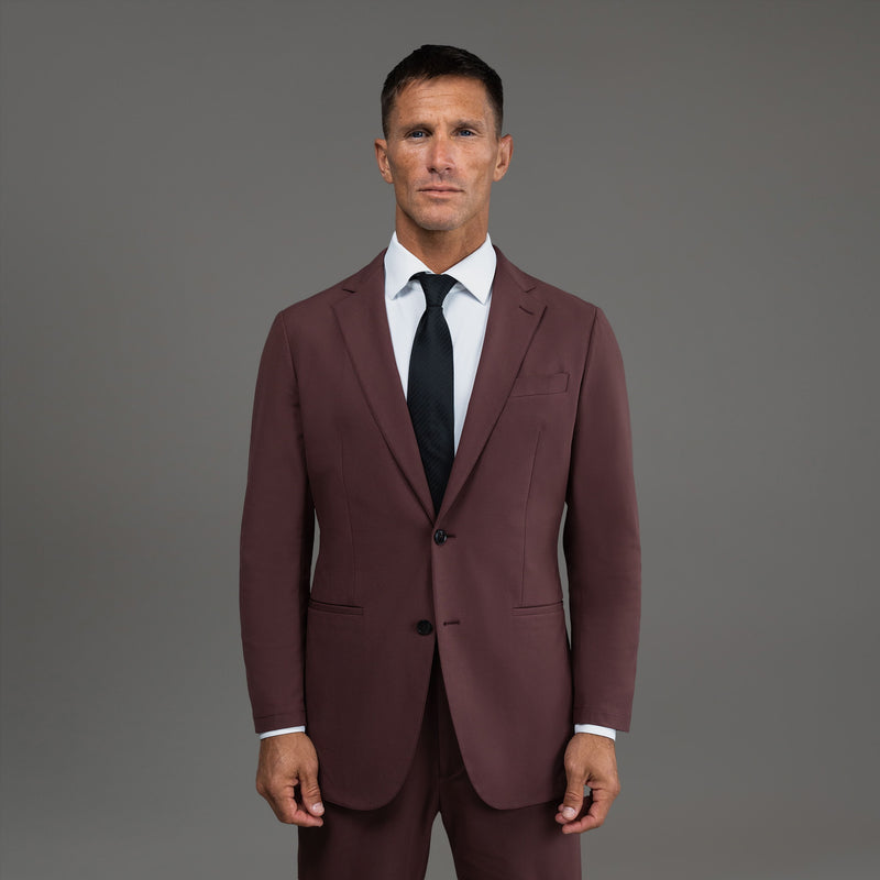 Tags:(6'0"|180 lbs) Bespoke custom athleisure technical men's suit los angeles model Tyler in Maroon