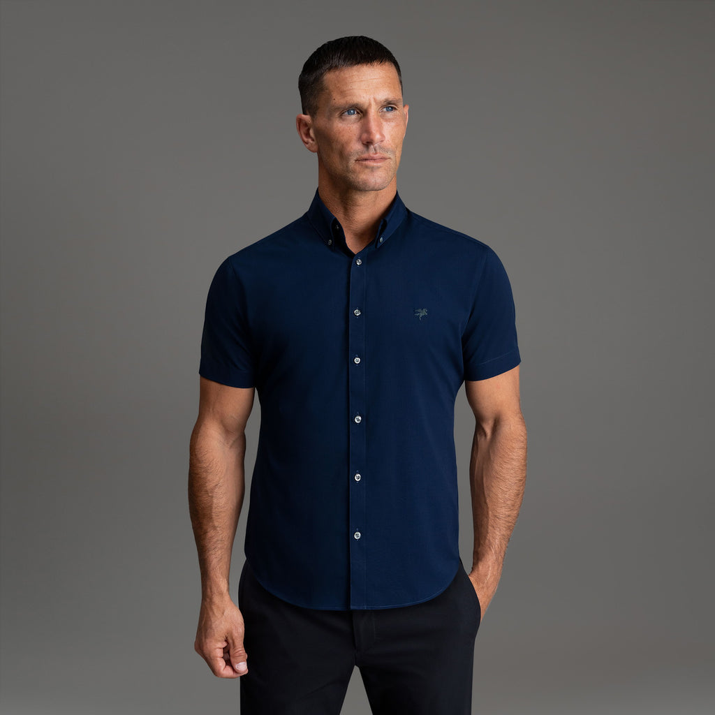 Custom Bespoke Tailored Spread Shirt model Tyler in Navy Emblem