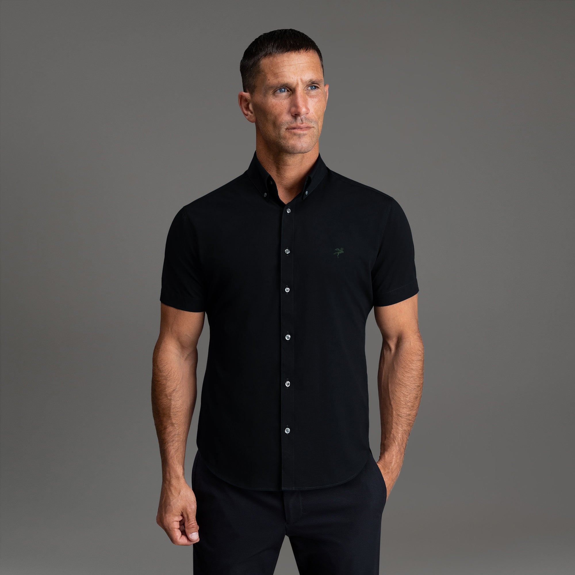 Custom Bespoke Tailored Spread Shirt model Tyler in Black Emblem