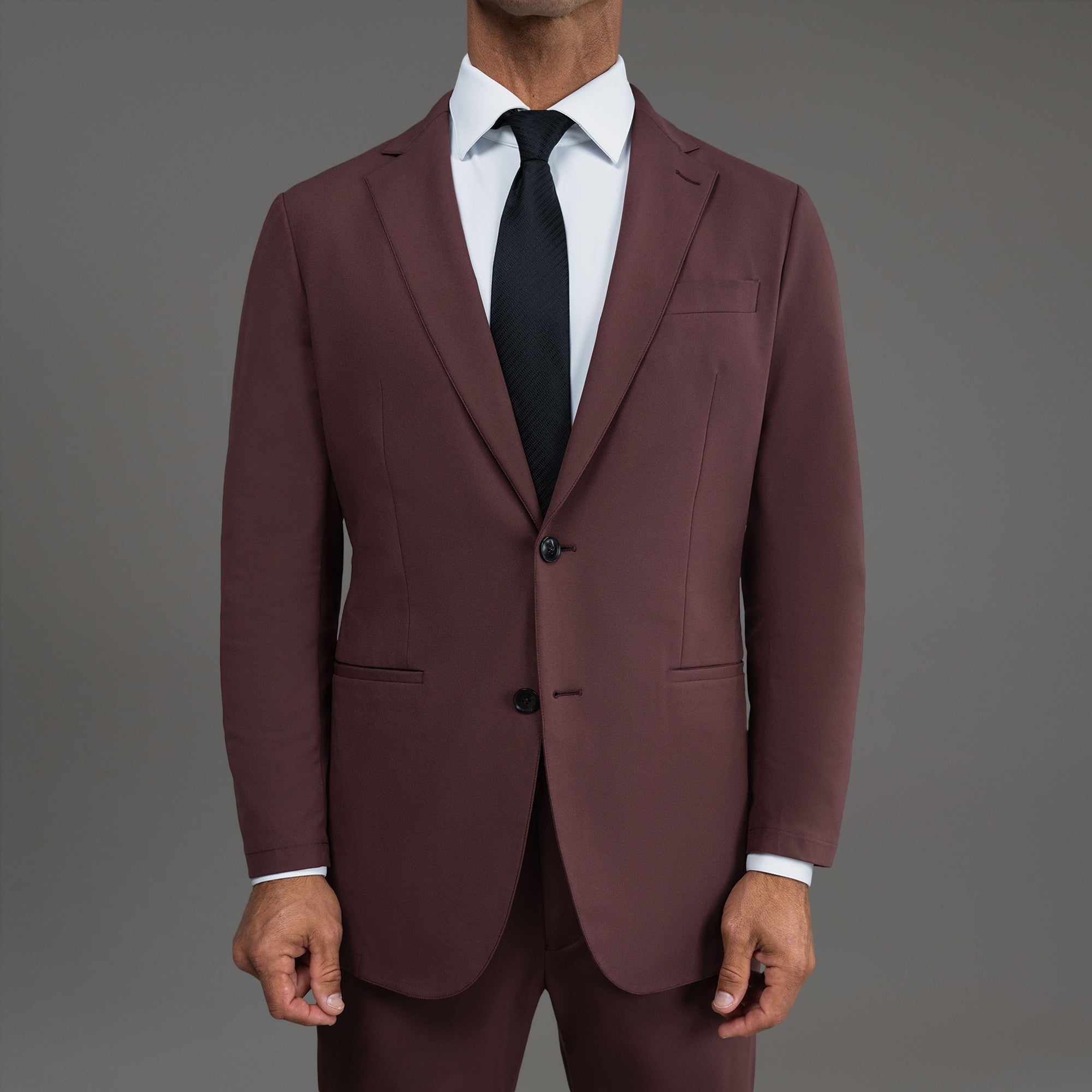 Tags:(6'0"|180 lbs) Bespoke custom athleisure technical men's suit los angeles model Tyler in Maroon