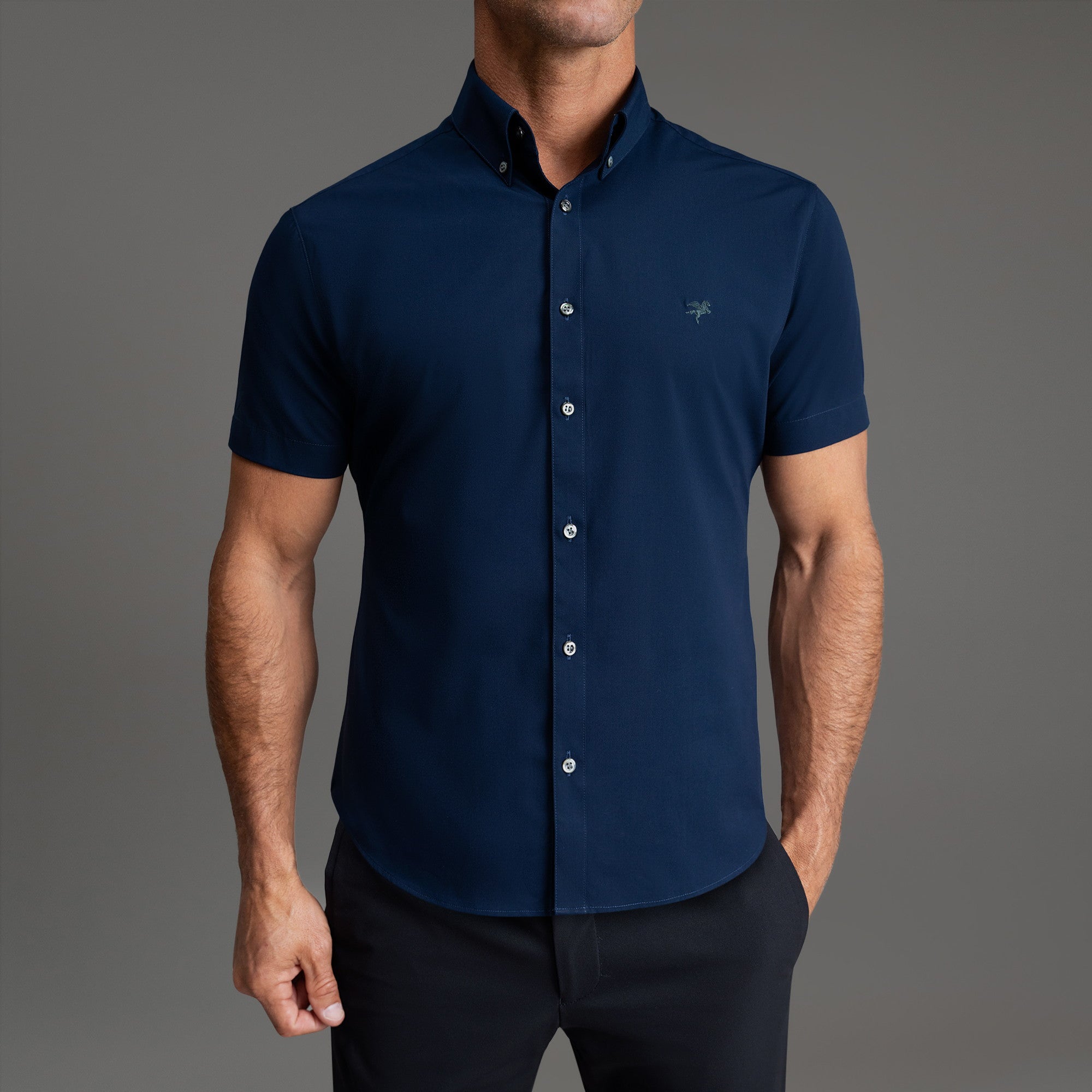 Custom Bespoke Tailored Spread Shirt model Tyler in Navy Emblem