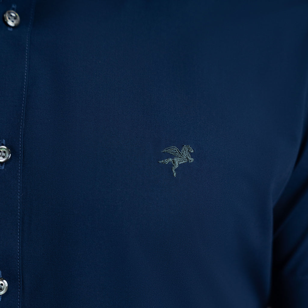 Custom Bespoke Tailored Spread Shirt model Tyler in Navy Emblem